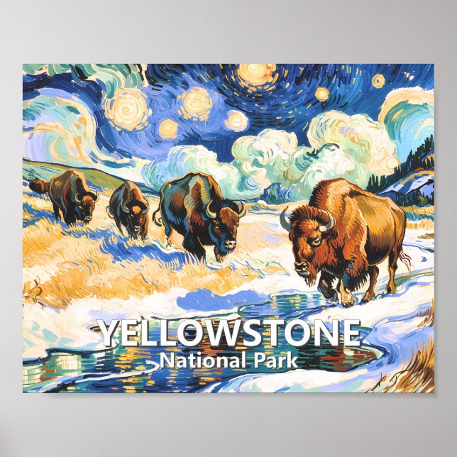 Yellowstone Bison Colorful Retro Starry Night Art Poster (Front)
