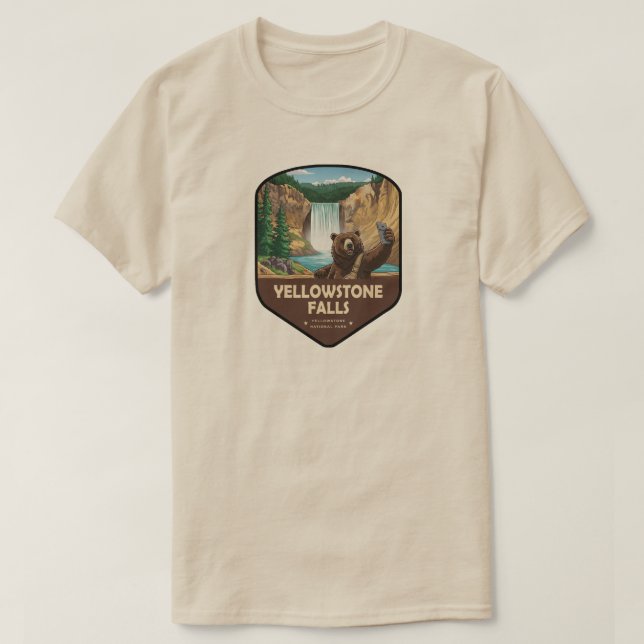 Yellowstone Falls Bear Selfie Shield T-Shirt (Design Front)