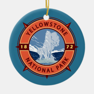 Yellowstone National Park Retro Compass Emblem Ceramic Tree Decoration
