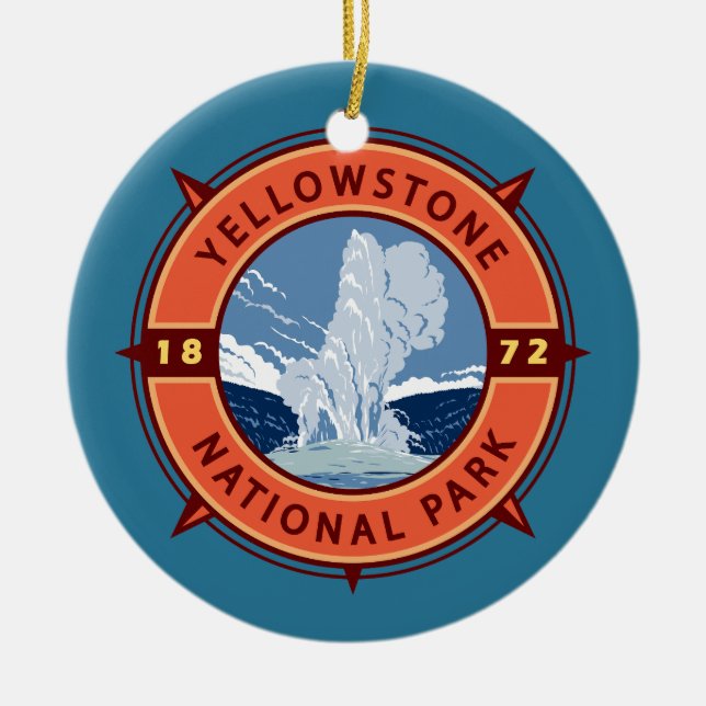 Yellowstone National Park Retro Compass Emblem Ceramic Tree Decoration (Front)