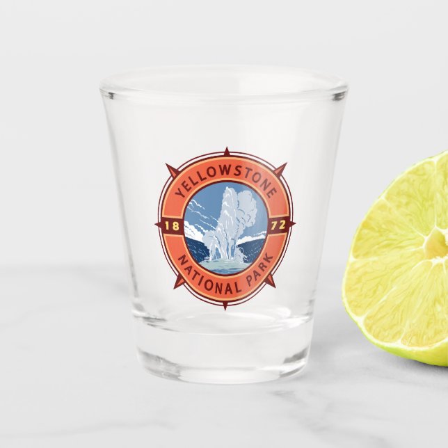 Yellowstone National Park Retro Compass Emblem Shot Glass (Front)