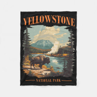 Yellowstone National Park Vintage Hiking Camping Fleece Blanket
