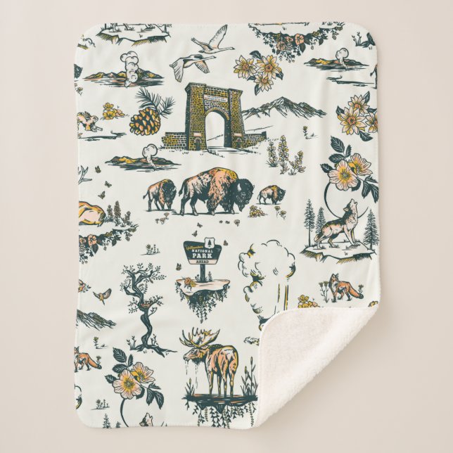 Yellowstone National Park Wildlife Pattern Sherpa Blanket (Front)