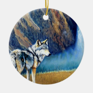 Yellowstone National Park Wolf Painting Ceramic Tree Decoration