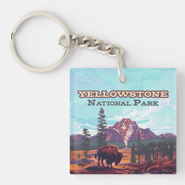 Yellowstone National Park Wyoming Bison Geyser Key Ring (Front)