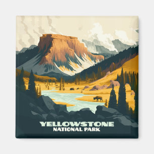 Yellowstone National Park Wyoming Mountains Retro Magnet