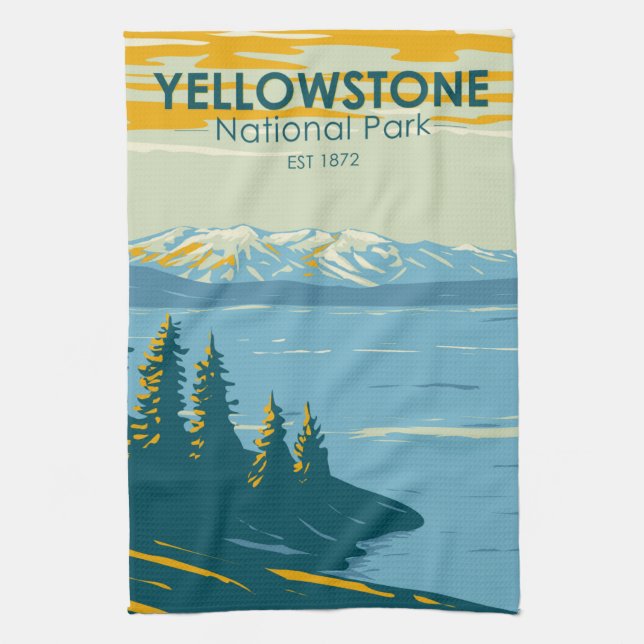 Yellowstone National Park Yellowstone Lake Vintage Tea Towel (Vertical)