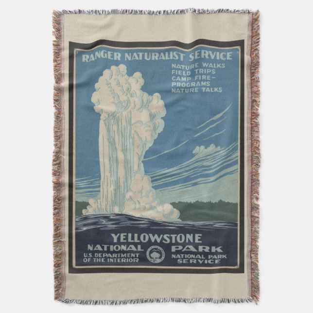 Yellowstone Old Faithful Park Vintage Poster Throw Blanket (Front Vertical)