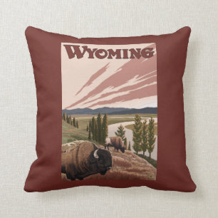 Yellowstone River Bison Vintage Travel Poster Cushion