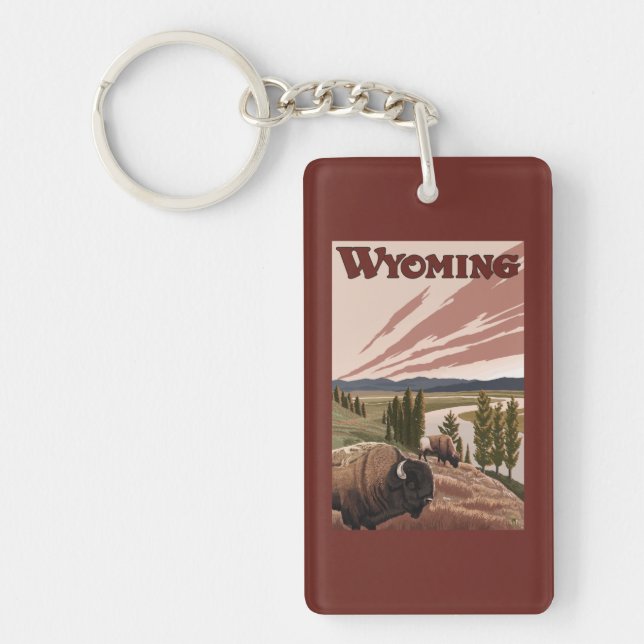 Yellowstone River Bison Vintage Travel Poster Key Ring (Front)