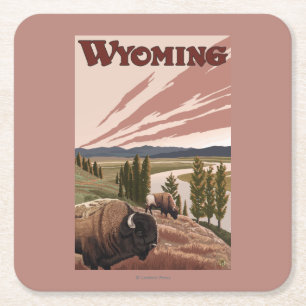 Yellowstone River Bison Vintage Travel Poster Square Paper Coaster