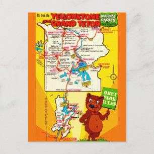 Yellowstone & Teton Parks  Illustrated Map Postcard