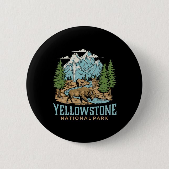 Yellowstone Us National Park Wolf Bison Bear Vinta 6 Cm Round Badge (Front)