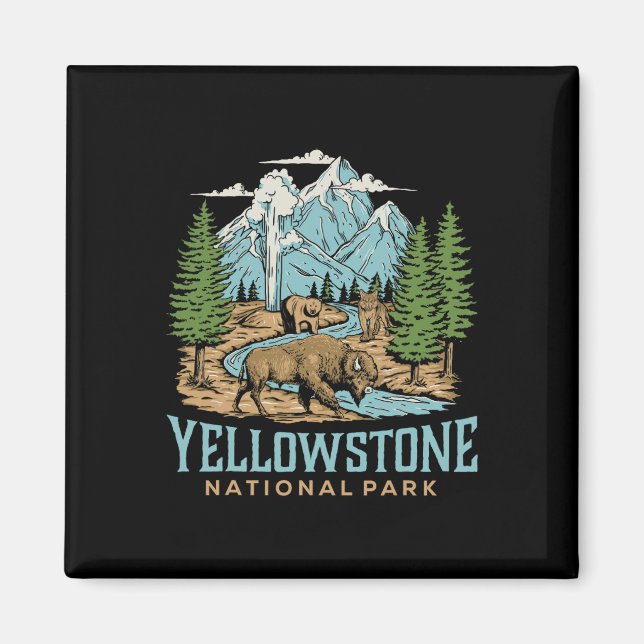 Yellowstone Us National Park Wolf Bison Bear Vinta Magnet (Front)