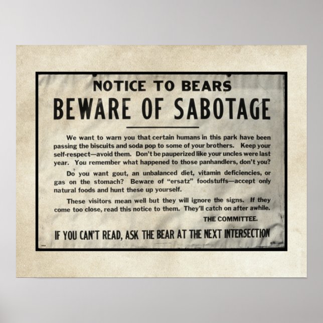 Yellowstone Warning Notice Park Bears 1959 Humour Poster (Front)