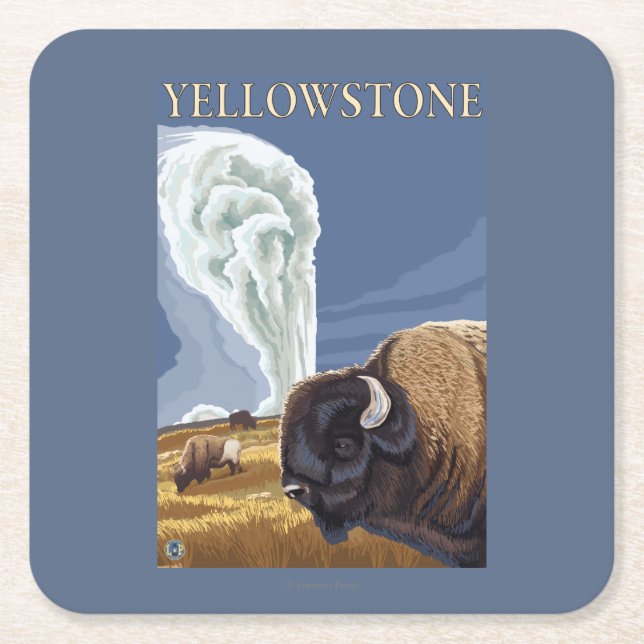 YellowstoneBison with Old Faithful Square Paper Coaster (Front)