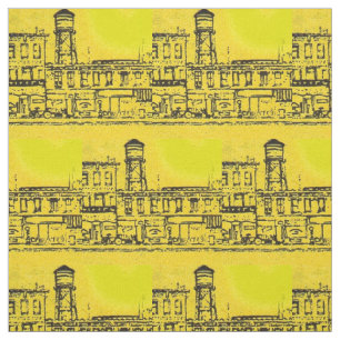 Yellowville houses and homes and water tower print fabric