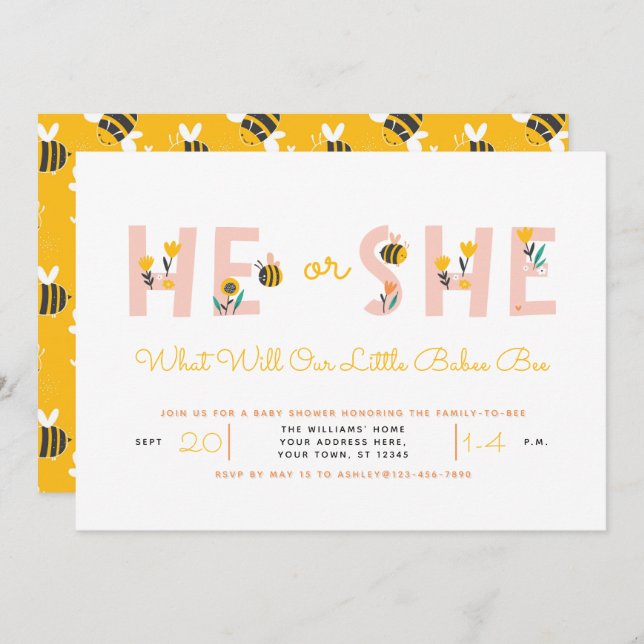 Yelow He or She What Will Baby Bee Gender Reveal Invitation (Front/Back)
