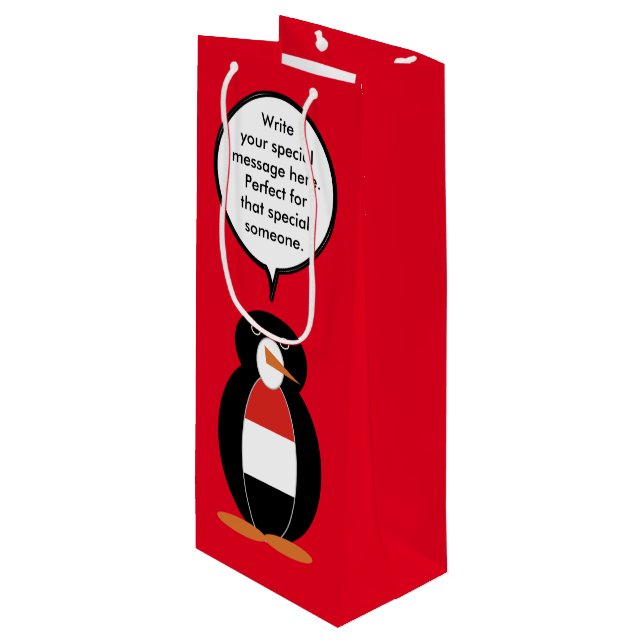Yemeni Talking Ms. Penguin Personalised  Wine Gift Bag (Front Angled)