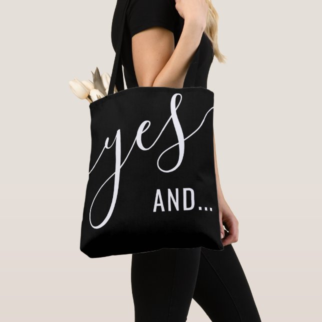 "Yes And" Improv Comedy Actor Black Tote Bag (Close Up)