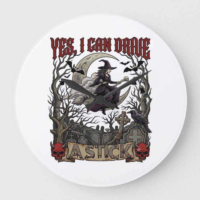 Yes Can Drive Stick Witch Graveyard Halloween_1 Large Clock (Front)