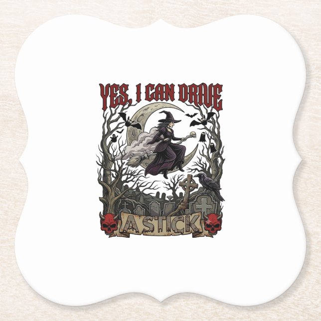 Yes Can Drive Stick Witch Graveyard Halloween_1 Paper Coaster (Front)