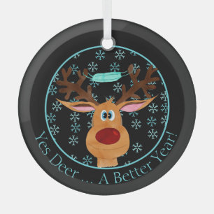 Yes Deer ... Rudolph the Face Masked Reindeer Glass Tree Decoration