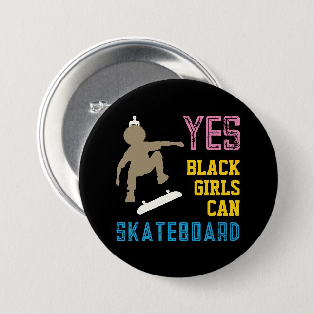 YES GIRLS CAN SKATEBOARD Retro Black Skater Girl 7.5 Cm Round Badge (Front & Back)