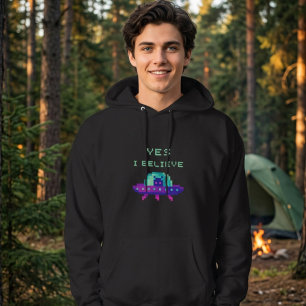 Yes I Believe Alien Flying UFO Spaceship Pixel Art Hoodie