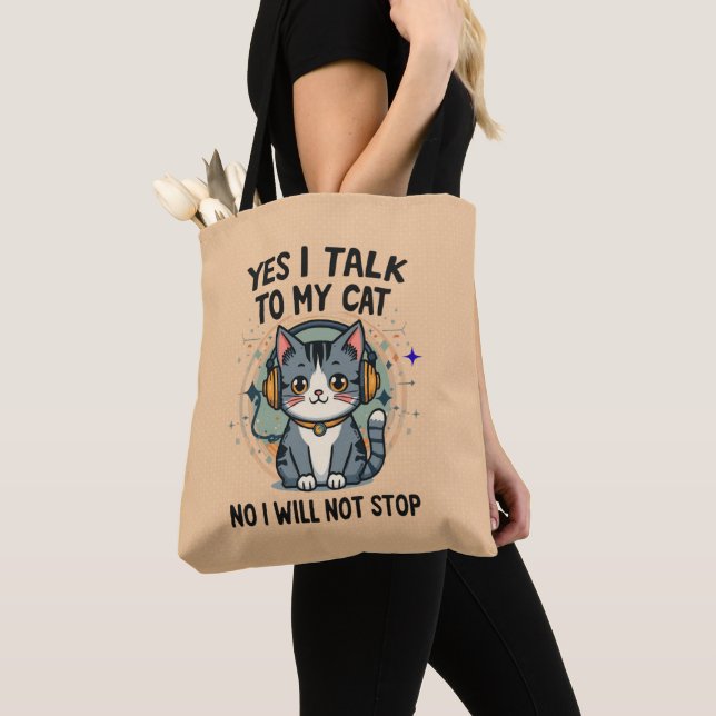 Yes I Talk To My Cat Funny Cat Quote Tote Bag (Close Up)