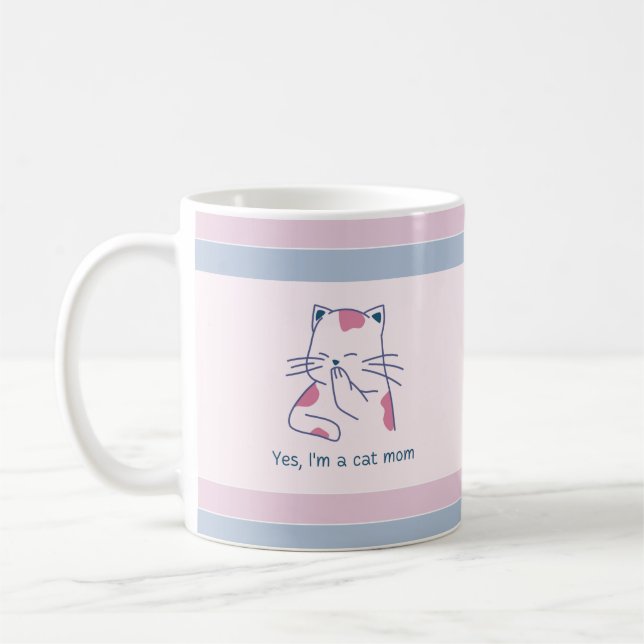 Yes, I'm a Cat Mum Pink & Blue Striped Coffee Mug (Left)