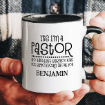 Yes I'm A Pastor Funny Religious Custom Name Mug<br><div class="desc">Start your day with humour and faith with this customisable "Yes I'm A Pastor" mug. Featuring the witty phrase, "No, that last sermon was not specifically about you, " this design is perfect for pastors who enjoy a lighthearted take on their calling. Personalise the mug with a name to make...</div>