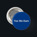 Yes We Kam minimalist democratic party white blue 3 Cm Round Badge<br><div class="desc">Yes We Kam minimalist typography white and blue democratic party funny cool button.
Fully customisable white text on blue background.
Simple minimalist modern design.
Vote for Kamala Harris</div>