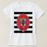 Yeshua Messiah t-shirt<br><div class="desc">The bold black and white stripes and oval of this eye-catching tee are attractive backdrops for a rainbow-hued menorah and Star of David that is announcing "Yeshua Messiah"! Back of tee displays a tall menorah within a black-and-white-checked frame. Enjoy! ~ karyn</div>