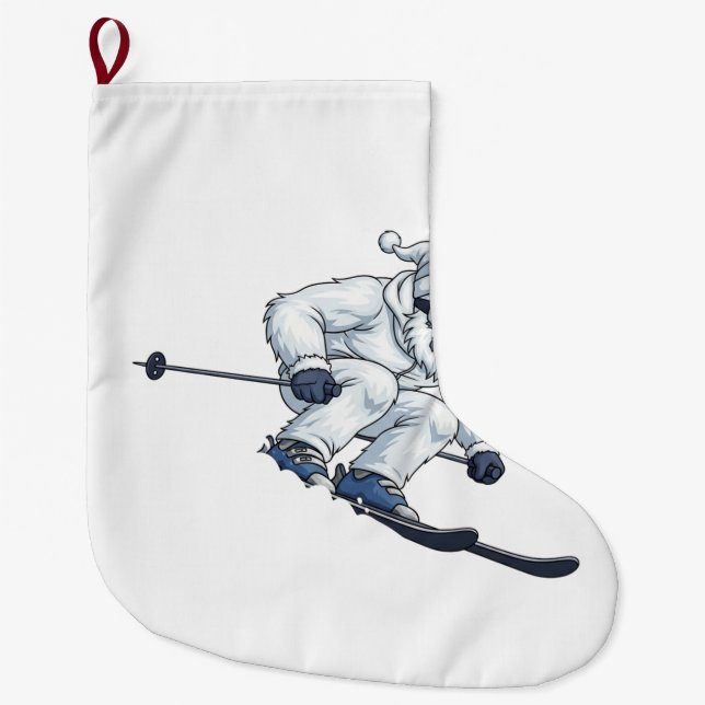 Yeti Abominable Snowman Skiing Funny Holiday   Large Christmas Stocking (Front)