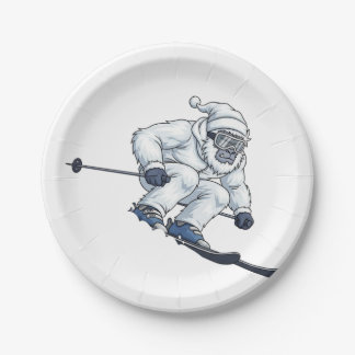 Yeti Abominable Snowman Skiing Funny Holiday Paper Plate