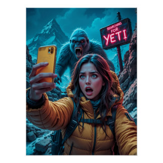 Yeti Bigfoot Sasquatch Selfie Mount Everest Neon Poster