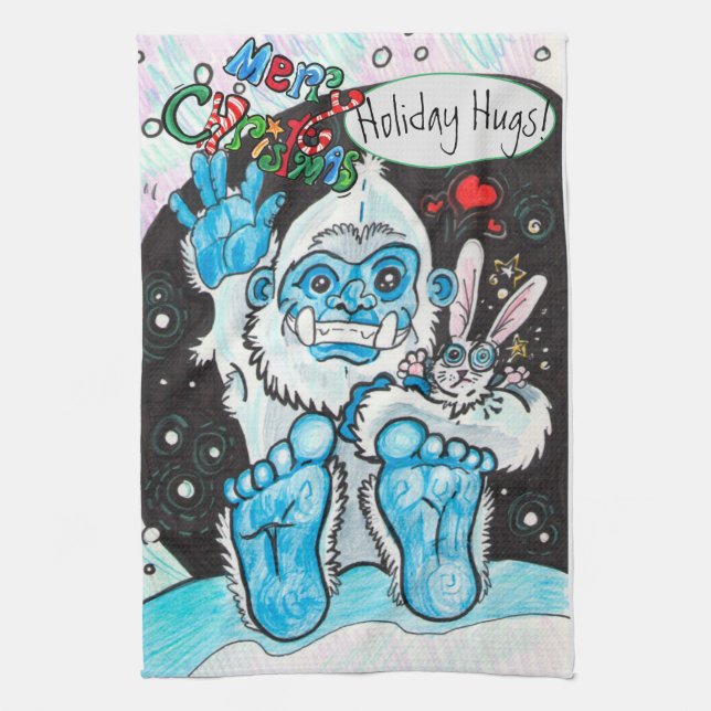 Yeti Holiday Hugs Tea Towel (Vertical)