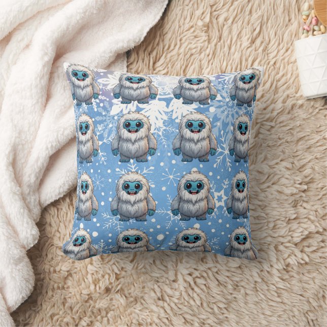 Yeti Standing Cute Kawaii Snowflakes Pattern Cushion (Blanket)