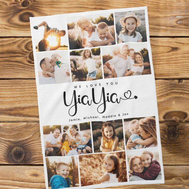 Yiayia We Love you Hearts Modern Photo Collage Tea Towel (Creator Uploaded)