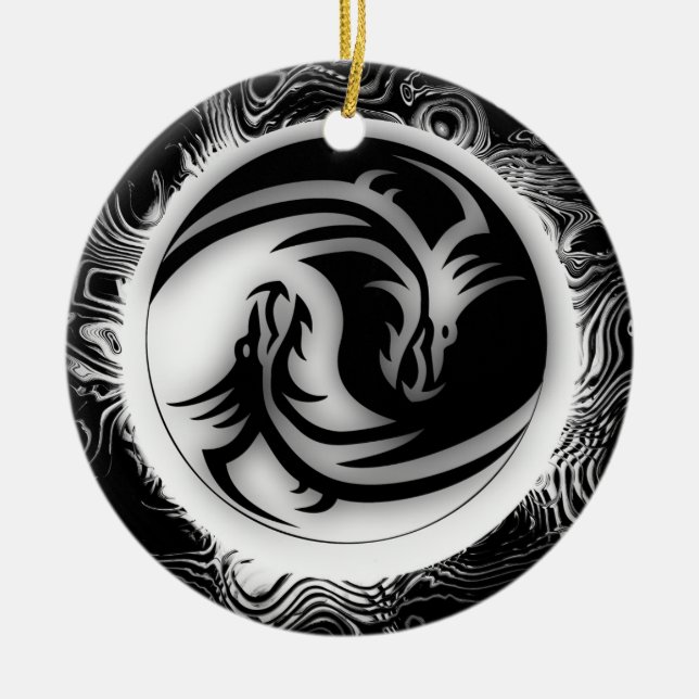 Yin and Yang Asian Dragons Ceramic Tree Decoration (Front)