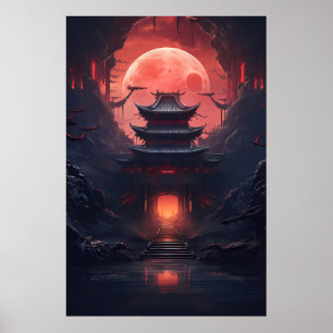 Yin and Yang Bridge and Temple in Cyberpunk Neon Poster