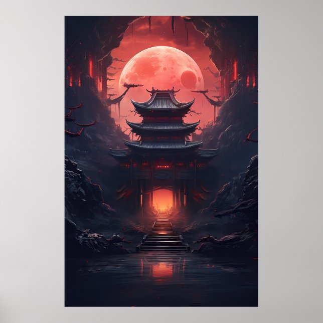 Yin and Yang Bridge and Temple in Cyberpunk Neon Poster (Front)