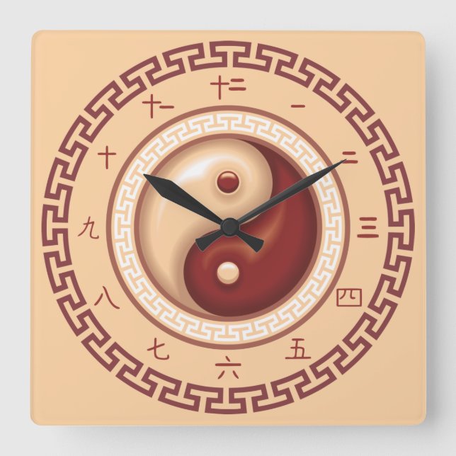 Yin and Yang Chinese Numbers w/Border Square Wall Clock (Front)