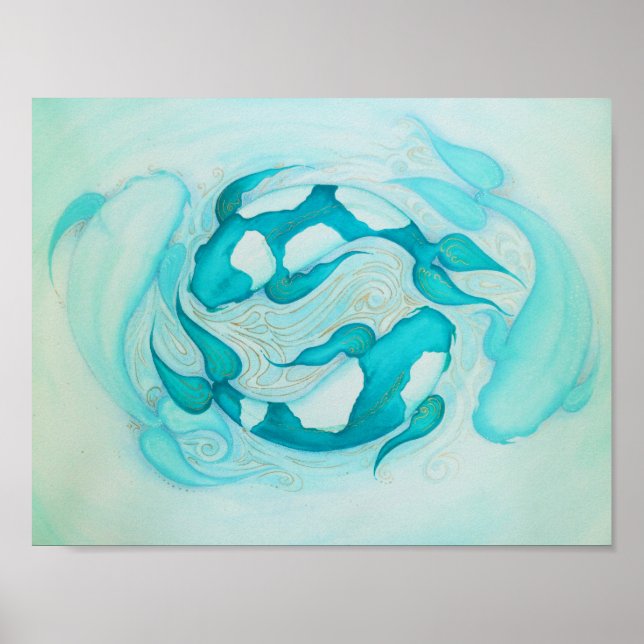 Yin and Yang Koi Carp Aqua Blue Art Print (Front)