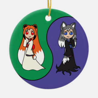 Yin and Yang The Fox Girls (Kitsune) Ceramic Tree Decoration
