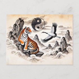 Yin and Yang Tiger and Crane in Asian Art Style Postcard