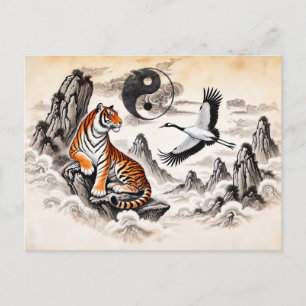 Yin and Yang Tiger and Crane in Asian Art Style Postcard