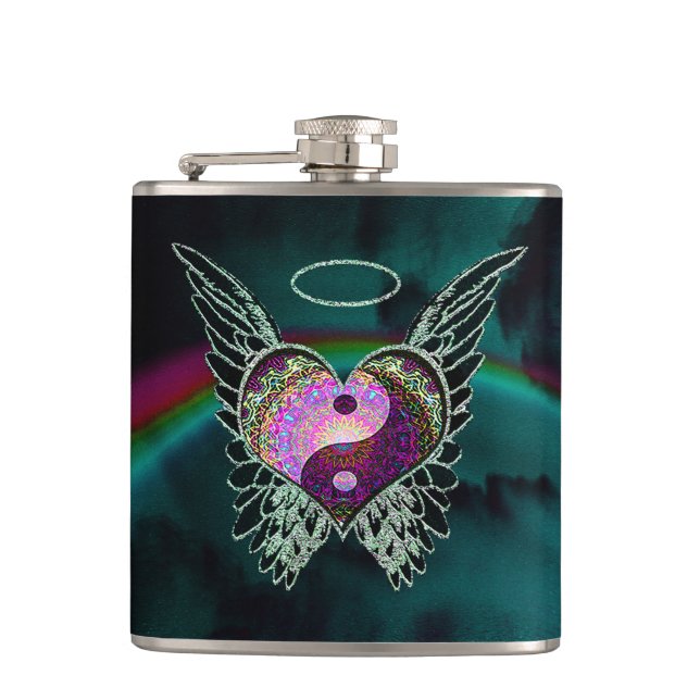 Yin Yang, Angel Wings, Heart and Stars Hip Flask (Front)