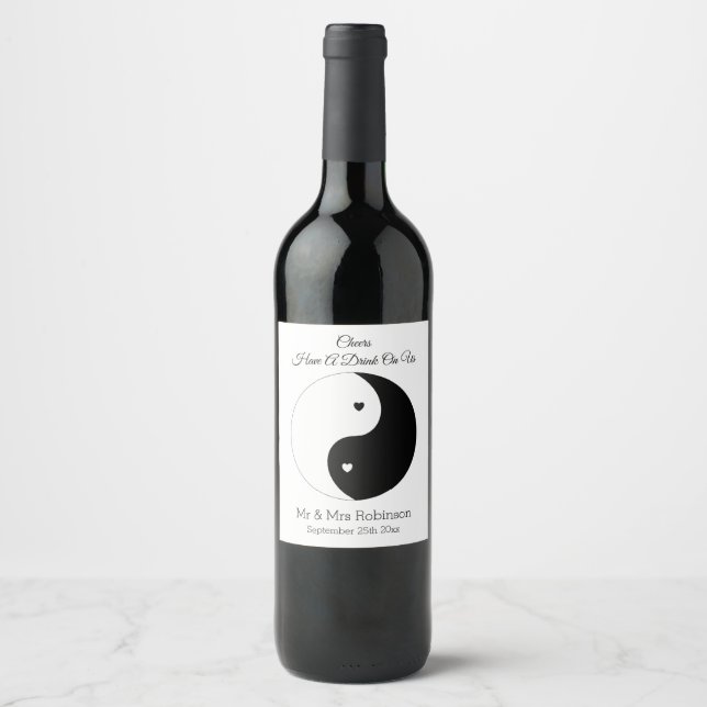 Yin Yang Black And White Hearts Wedding Wine Label (Front)